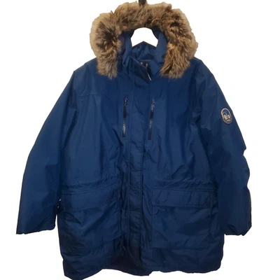 Abrigo acolchado Lands End plumón de ganso para mujer 2X Parka capucha piel sintética invierno azul cálido* Foto 1 de 4