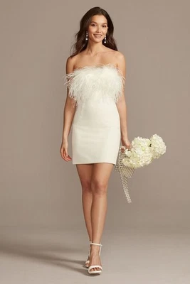 DB STUDIO David’s Bridal Feather Trim Mini Reception White Wedding Dress - Image 1 of 4