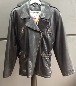 Genuine 1980’s Style Black Leather Belted Jacket with Big Shoulders, Heitorn - Picture 1 of 12