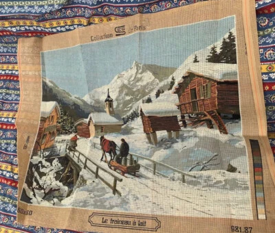 French Needlepoint Canvas cotton sled mountains alps chalet 31”x 24” Vintage - Image 1 of 4
