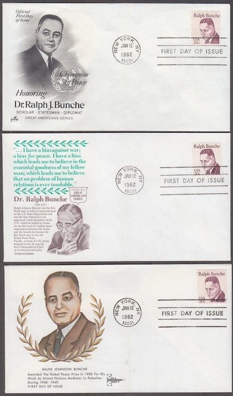 USA # 1860 SET of 3 DIFF FDCs, RALPH BUNCHE, NOBEL PEACE PRIZE WINNER - Image 1 of 1