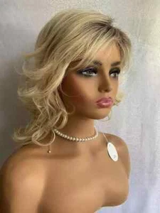 Women Medium Length Dark Roots Blonde Mix Curly Wavy Synthetic Hair Wig Soft - Picture 1 of 11