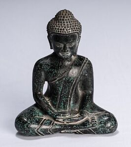 Buddha - Antique Khmer Style Seated Bronze Meditation Buddha Statue - 19cm/8"