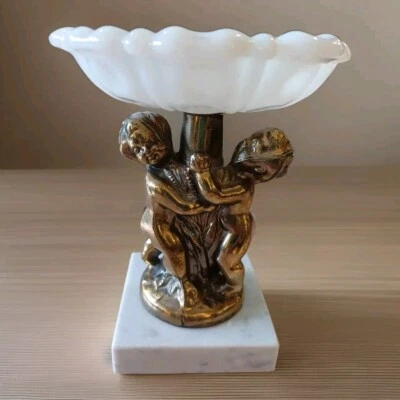 VINTAGE CHERUB MARBLE  BRASS METAL MILKGLASS PEDESTAL SOAP DISH VICTORIAN MCM - Image 1 of 4