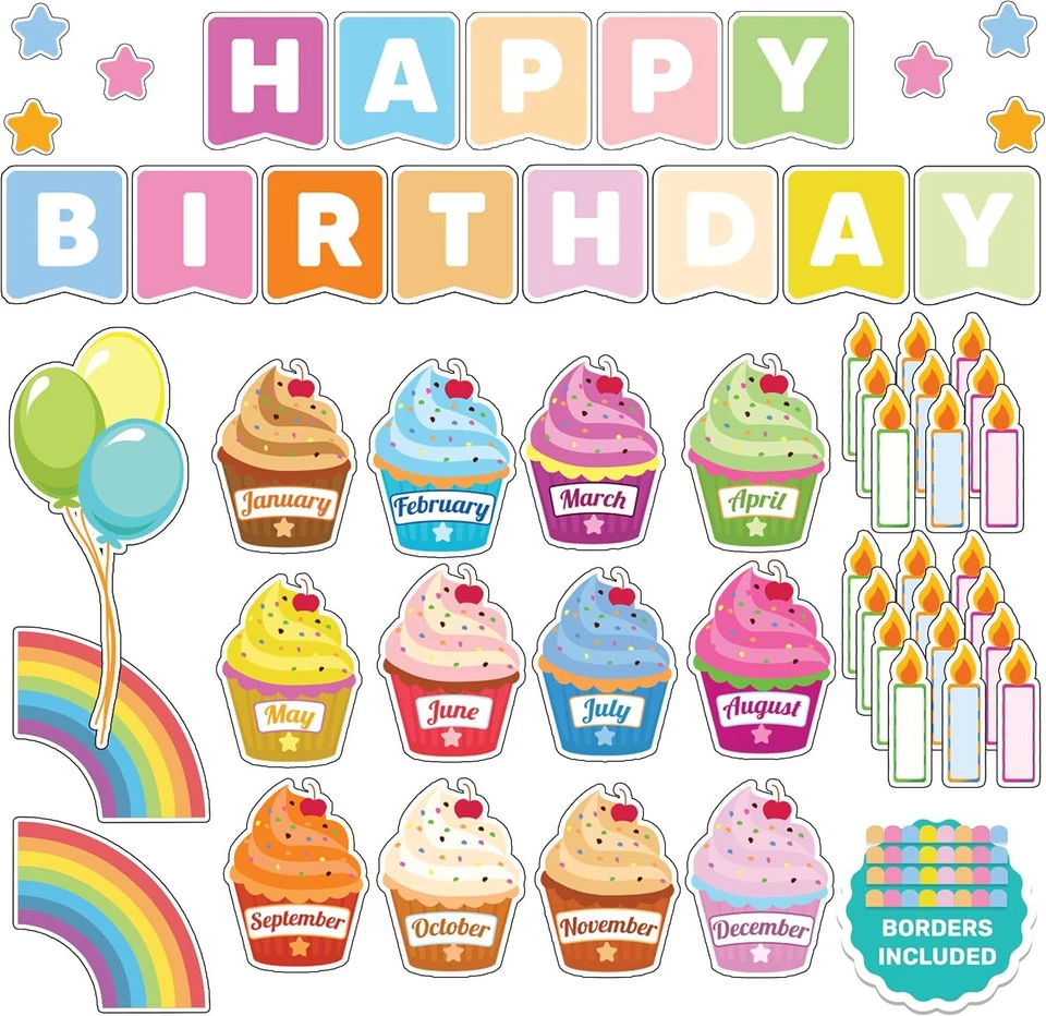 84 Pcs Cupcake Birthday Bulletin Board Set for Classroom - Birthday Chart for... - Image 1 of 3