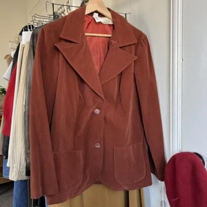 Vintage 70s Faux Suede Velour Soft Burnt Orange Blazer Medium Deadstock - Picture 1 of 4