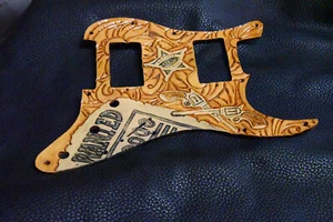 Leather pickguard Custom Hand Tooled  Stratocaster Sheridan  "Wanted" Laced ST - Picture 1 of 8