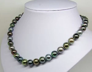 18"8-9MM NATURAL SOUTH SEA GENUINE  BLACK MULTICOLOR ROUND PEARL NECKLACE  - Picture 1 of 2