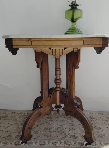 Antique Eastlake White Marble Top Table Immaculate Condition Tiger Oak Accents Cover