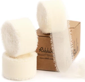 Ivory Ribbon 1 Inch X 3 Rolls Total 24 Yards Ivory Handmade Fringe Chiffon Silk - Picture 1 of 4