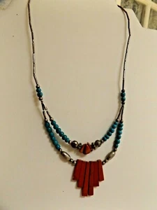 Vintage Navajo Native American Silver Red Coral Fringe Dangle 18" Necklace  - Picture 1 of 3