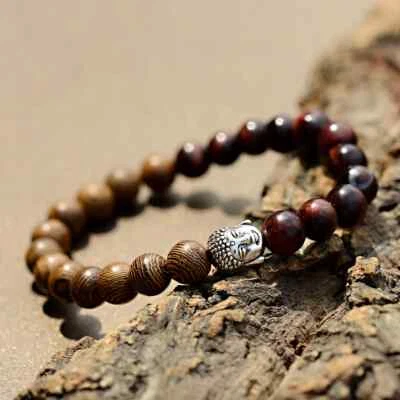Buddha Head Bracelet for Men Natural Wood Beads Turquoises Tiger Eye Jewelry - Image 1 of 4