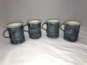 Blue Denim Jean Design Ceramic Coffee Mugs X 4 - Picture 1 of 13