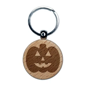 Jack O'Lantern Happy Halloween Pumpkin Engraved Wood Round Keychain Tag Charm - Picture 1 of 6