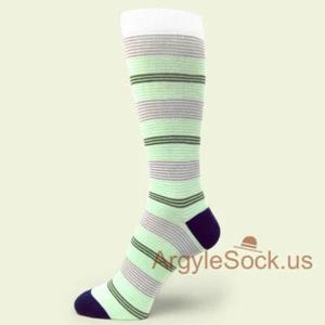White With Green Brown Mauve Thin Striped mens dress Socks for wedding--MA074 - Picture 1 of 1