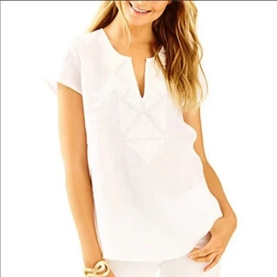 Túnica Lilly Pulitzer Breakers Row Lino Bordada Cuello Dividido Resort Blanca XL Foto 1 de 4