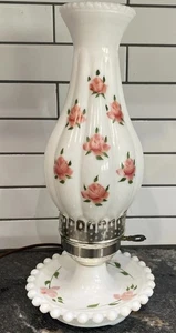 Vintage Daisy Milk Glass Electric Hurricane Table Lamp Roses - Picture 1 of 12