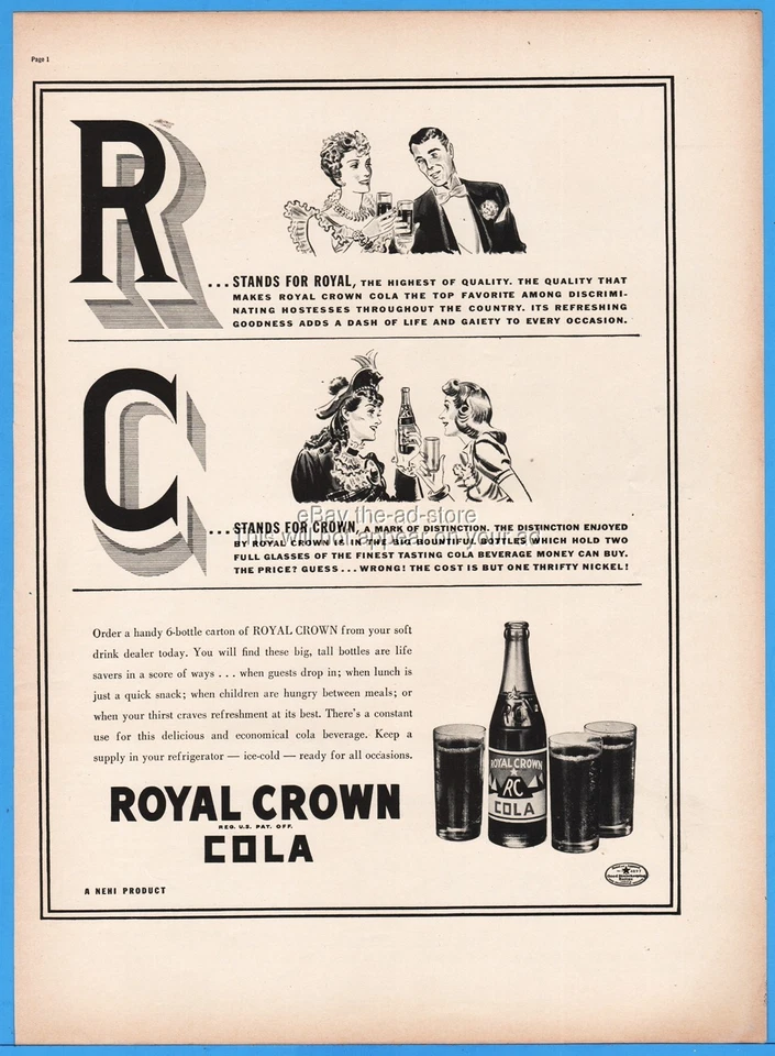 1938 Royal Crown RC garrafa de cola Nehi vintage década de 1930 revista impressa anúncio - Imagem 1 de 1