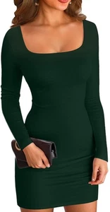 Damen Bodycon Kleid Gerippt Langarm Minikleid Quadratischer Hals Kurzes Party... - Bild 1 von 6