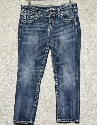 Silver Suki Mid Capri Jeans Womens 30 Blue Thick Stitch Embroidered Bling Pocket - Image 1 of 4