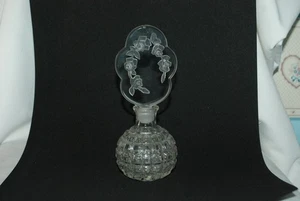 Vintage Tschechische Runde Glas Parfüm Flakon mit Rose bedeckt Flach Stopfen - Bild 1 von 10