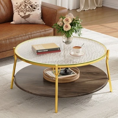 Modern Round Walnut 2-Tiered Coffee Table with Glass Top and Gold Base - Image 1 of 4