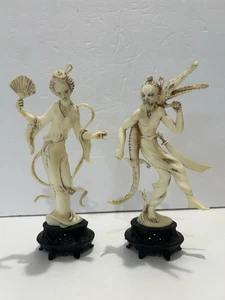 Vintage Norleans Handarbeit Italien 2 chinesische Statue Figuren 9" cremefarben Harz - Bild 1 von 10