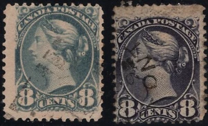 CANADA 1893 QV USED  2 X 8C OTTAWA PRINTING SC#A28/44/VIOL BLK & 44a BLUE GRAY - Picture 1 of 2