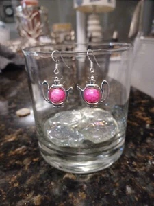 Teapot Earrings with Pink Marble Effect Glass Drawbench Beads. SS Hooks. - Picture 1 of 3