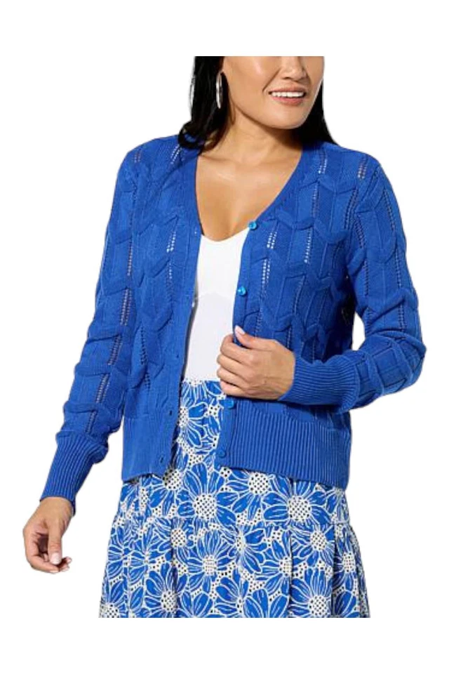 Jaclyn Smith Pointelle Knit Button-Front V-Neck Cardigan Blue - Image 1 of 1