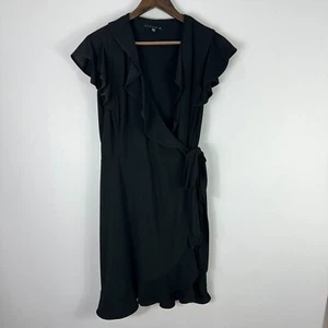 Tiana B Black Ruffle Wrap Dress Women L Faux Wrap Flutter Sleeve Elegant Chic - Picture 1 of 7
