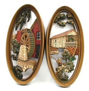 Set 2 Burwood Products Water Wheel Mill Country Farm Wall Art Hanging Molds Vtg - Picture 1 of 15