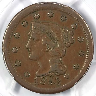 1853 1c N-35 Braided Hair Large Cent PCGS XF DETAILS RIM DAMAGE - Image 1 of 4