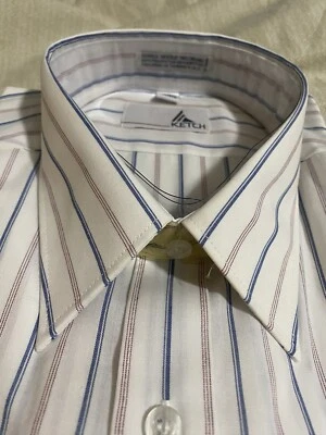 Men’s Sz 16 Dress Shirt w/Half Sleeve, White w/ blue & burgundy & pocket -Ketch - Image 1 of 4