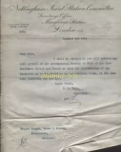 1907 NOTTINGHAM JOINT STATION COMMITTEE, MARYLEBONE STATION, LONDON, LETTER - Picture 1 of 1