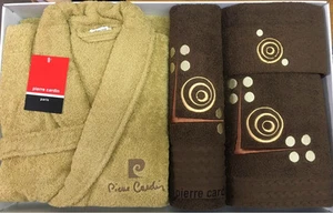 PIERRE CARDIN L / XL LUXUS 4 TEILIGES BADEMANTEL HANDTUCH SET LATTE SCHOKOLADE KREISE  - Bild 1 von 4