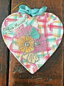 Heart Ornament Valentine’s Day Love Message Handmade Decoupaged Chipboard - Picture 1 of 5
