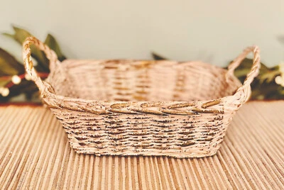 Small Double Handled Nesting Basket- Farmhouse Primitive White w/ Gold Accent - Image 1 of 4