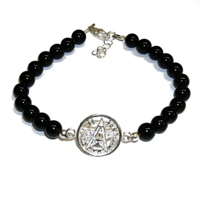PULSERA TETRAGRAMATON  PLATA de LEY 1,5 cm con Ónix natural 6 mm y BOLSA TELA - Imagen 1 de 4