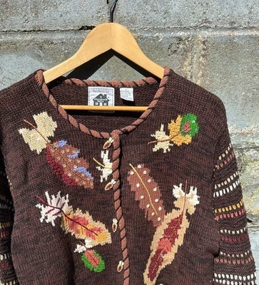 Cardigã grande vintage livro de histórias malha suéter HSN folhas de outono outono outono ação de graças - Imagem 1 de 4