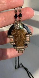 Collana Vintage Art Deco Revival Smalto Ottone Pendente Cristallo di Boemia - Foto 1 di 14