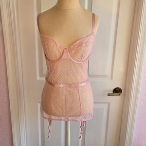 Victoria's Secret Swiss Dot transparentes Korsett Dessous Bustier Strumpfbänder rosa Gr. L - Bild 1 von 10