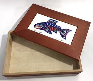 NW Folk Art Wooden Box Salmon Legend by Native Artist Joe Wilson Signed - Picture 1 of 7