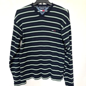 Vintage 90's Tommy Hilfiger Sweater Mens Size XL Strip Navy White Cotton Preppy - Picture 1 of 13
