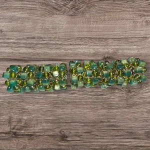 Set of 9 - Napkin Rings Bead and Glass Green/Blue/Gold Tone Boho/Beachy - Picture 1 of 8