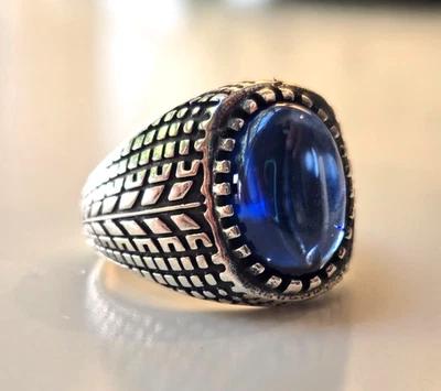 Men’s 925K Sterling Silver Ring with Blue Zircon Stone & Textured Band - Image 1 of 4