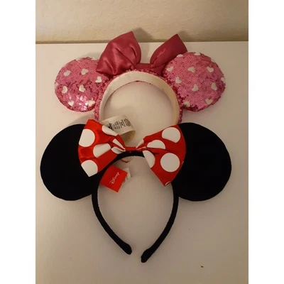Lote de 2 diademas de Minnie Mouse de los parques de Disney lentejuelas rosa rojo jóvenes niñas Foto 1 de 4