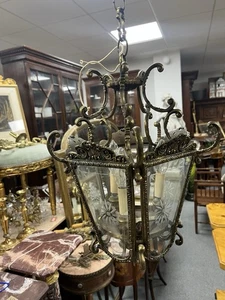 Large Antique Heavy French Brass & Etched Glass Hall Porch Ceiling Lantern - Picture 1 of 11