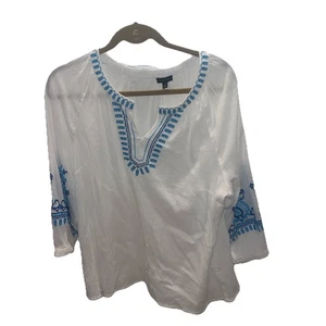 Talbots White 100% Cotton Gauze Embroidered Tunic Top Bell Sleeve Womens XL Euc - Picture 1 of 4