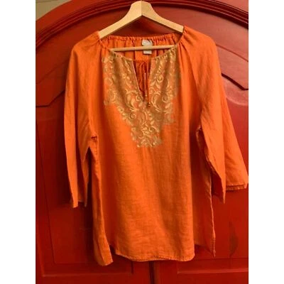NUEVO CON ETIQUETAS Chico's Talla 2 Grande 12 Naranja Lino Campesino Top Dorado Encaje Borde Túnica Boho Foto 1 de 4